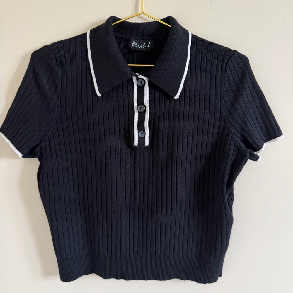 Marled Black Polo Top with White Trim